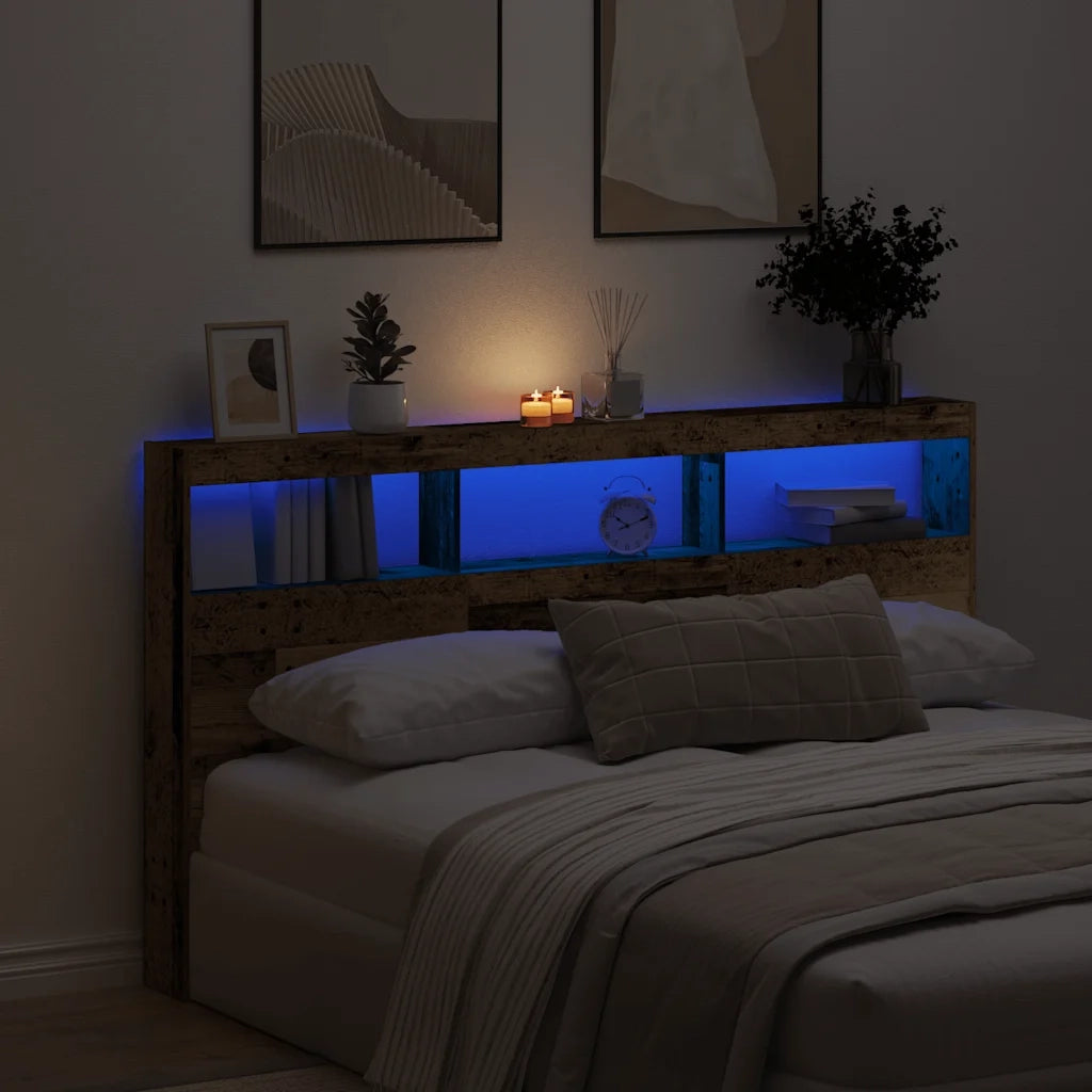 Testiera con Contenitore a LED-Testiera con Ripiani Legno Antico 180x17x102 cm