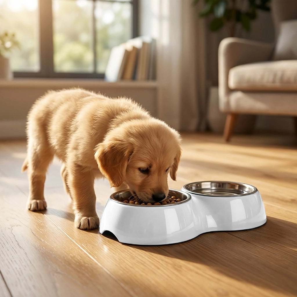 Ciotola Doppia per Cani e Gatti con 2 Vaschette in Acciaio Inox da 0,8 L, Dispenser Acqua e Cibo, Base in Plastica Resistente, 20,5 x 20,5 x 6 cm Bianco