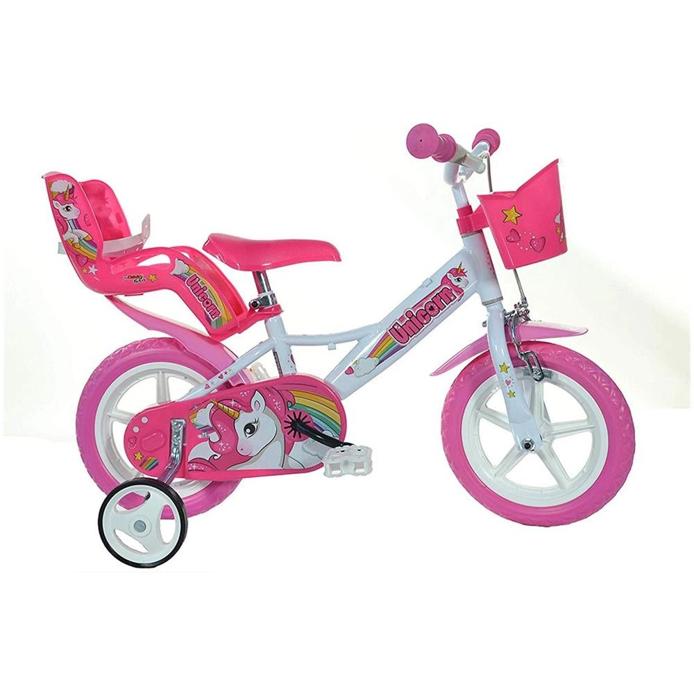 BICICLETTA 12 POLLICI UNICORN BAMBINA CON ROTELLE SEGGIOLINO E CESTINO
