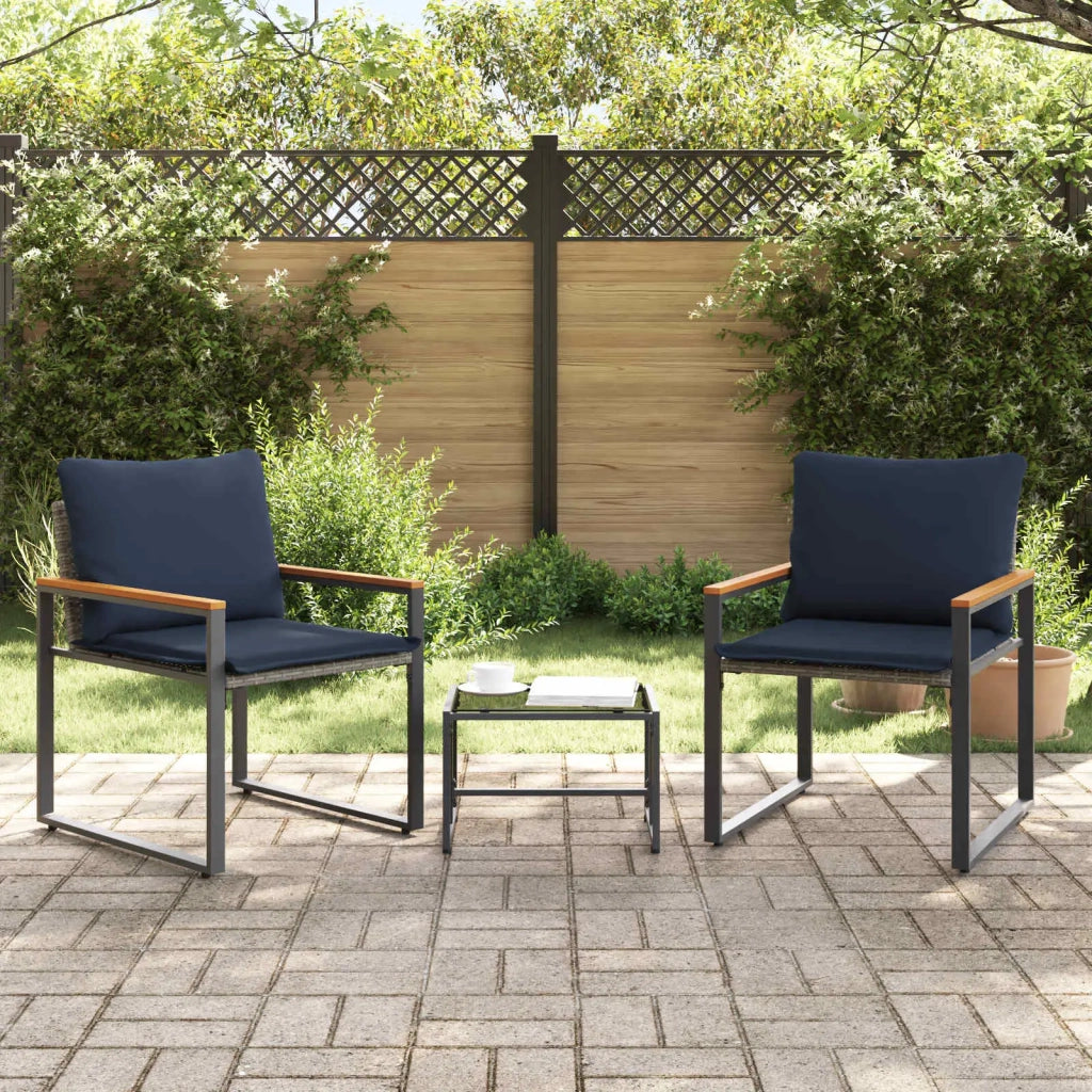 Set di Mobili con cuscino 3 pcs Grigio e Blu Navy Rattan