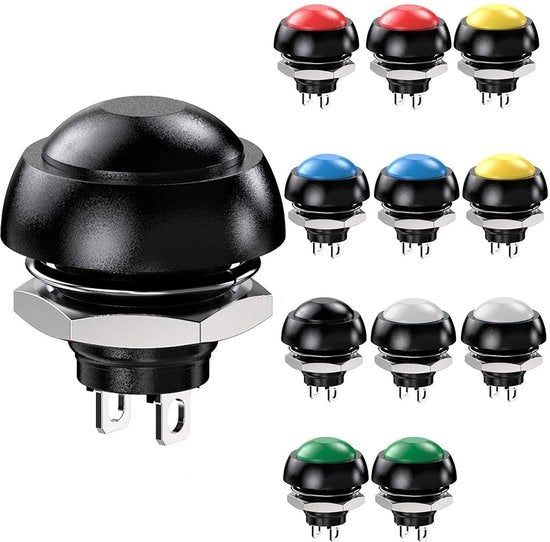 Set di pulsanti a bottone 12mm impermeabili - 12 pezzi - SPST momentaneo - 3A/3V-5V-9V-12V-24V-230VAC - plastica/metallo - durata superiore a 10000 cicli - interruttore a pulsante