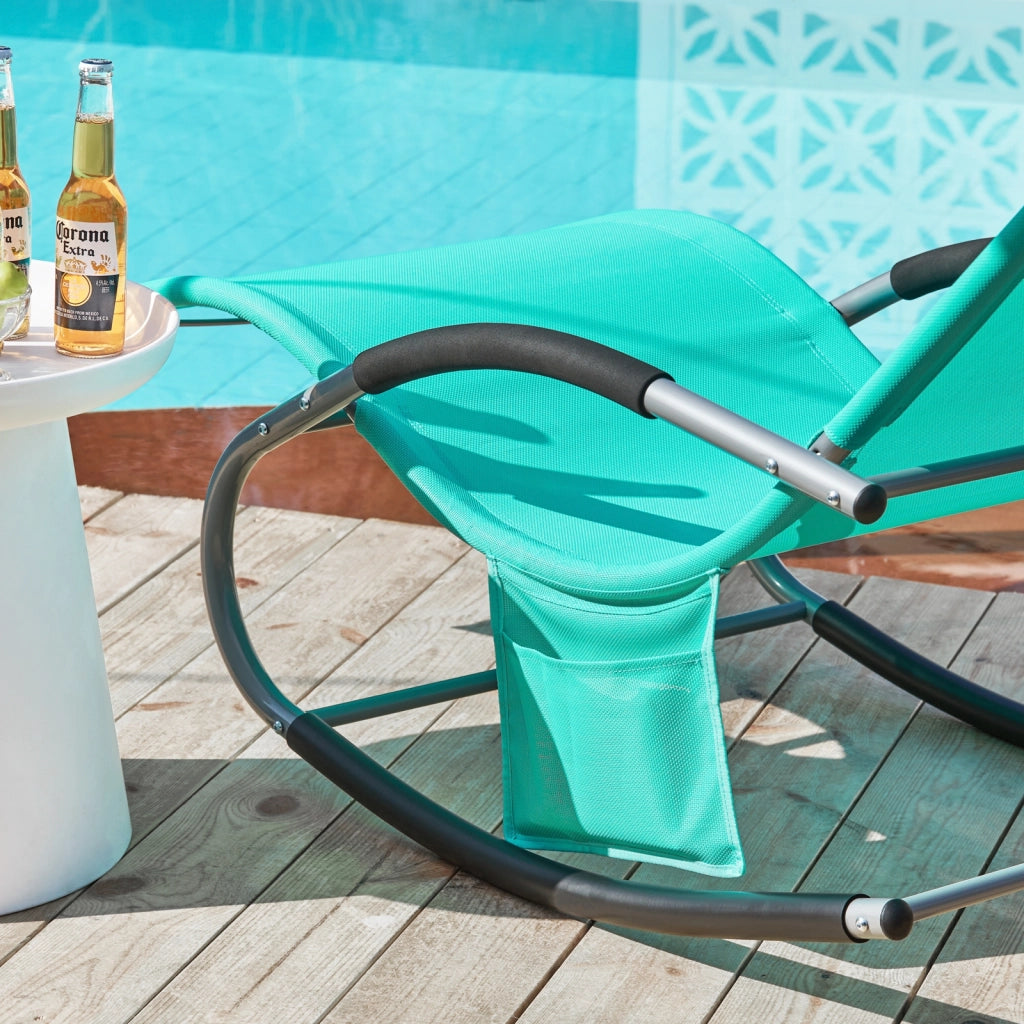 SoBuy Lettino Sdraio da Giardino a Dondolo - Sedia a Dondolo da Esterno in Textilene Blu Pavone con Telaio in Metallo, 150x63x87cm, Lettino Prendisole per Terrazza, Piscina, Patio, OGS28-TB