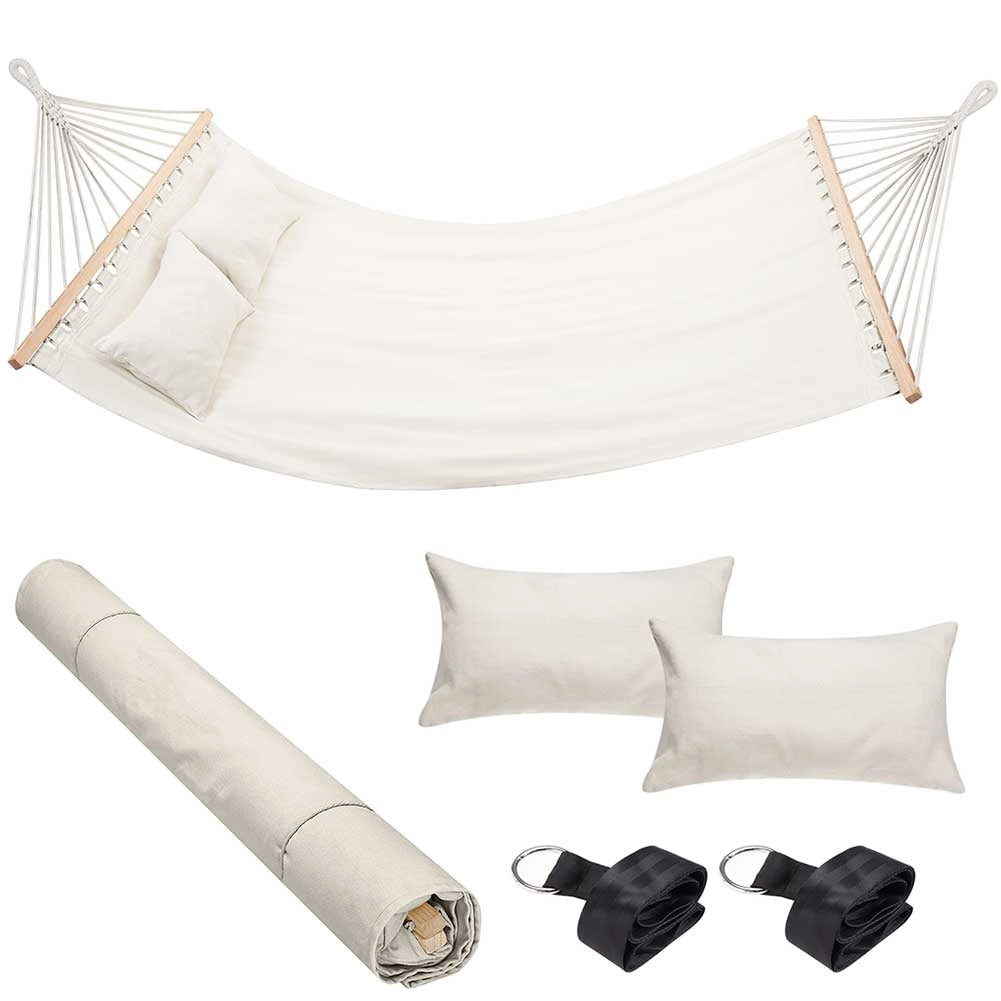 Amaca Giardino 2 Posti Legno Cotone Relax Esterno Campeggio 345x150cm Beige