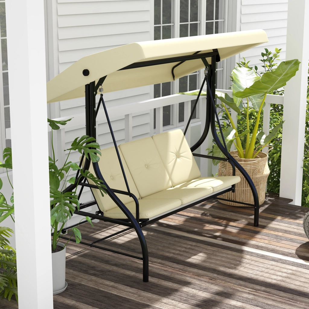 Dondolo da Giardino 3 Posti con Tettuccio Regolabile ¨C Minimal ¨C Tessuto Beige e Metallo Nero