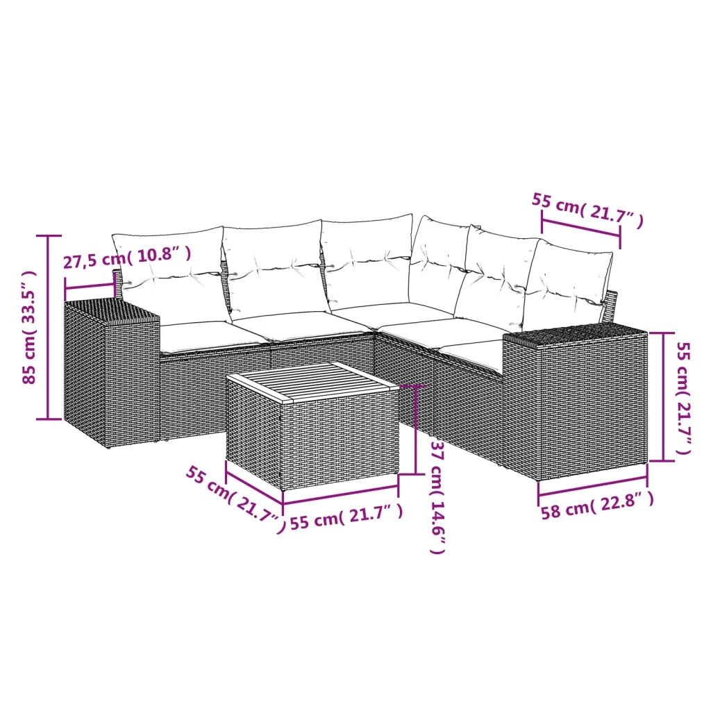 Set Divano da Giardino 6 pz con Cuscini Beige in Polyrattan