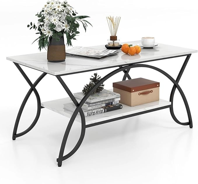 Tavolino da Caffè da Salotto, Tavolino Rettangolare a 2 Livelli con Struttura in Metallo, Tavolino Elegante e Moderno per Studio, Ufficio e Soggiorno, 100 x 50 x 45 cm (bianco e nero)