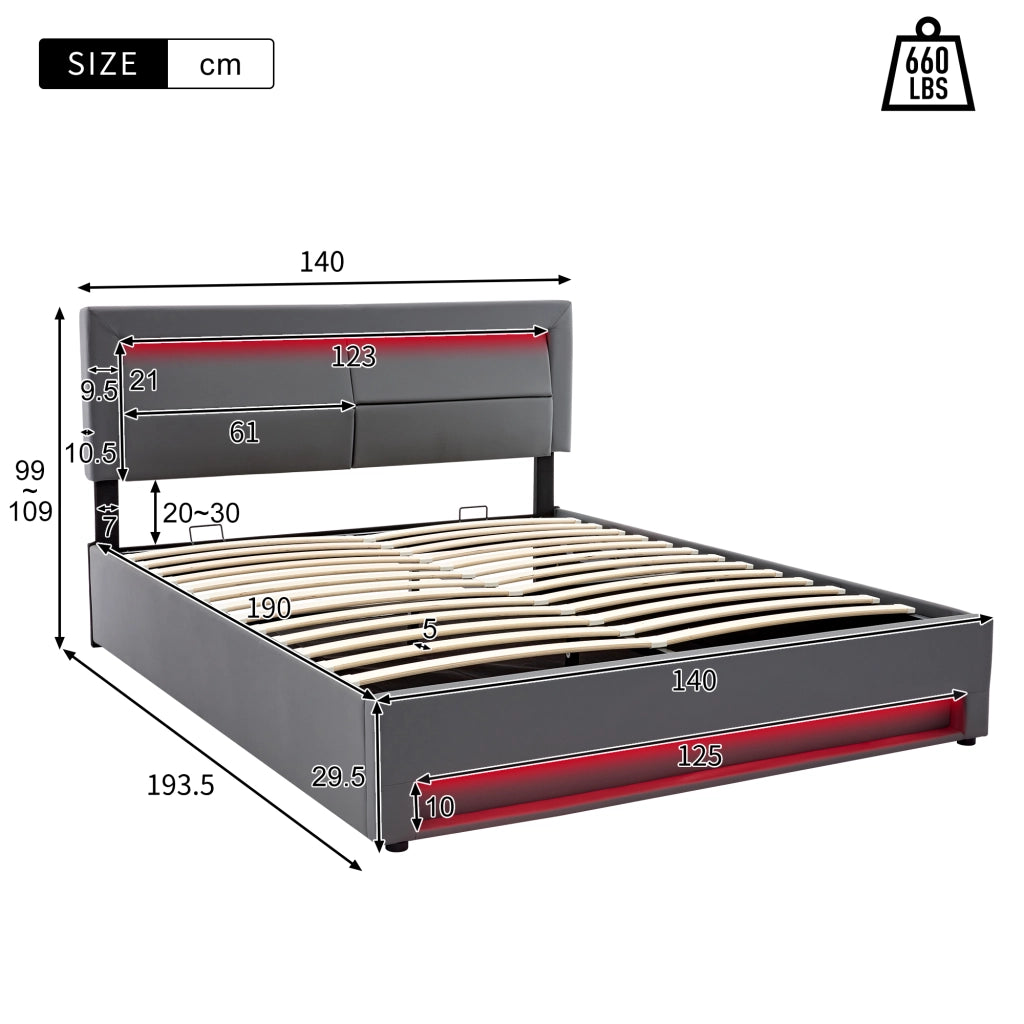 Letto imbottito – 140x190 cm – USB LED contenitore – PU litchi grigio