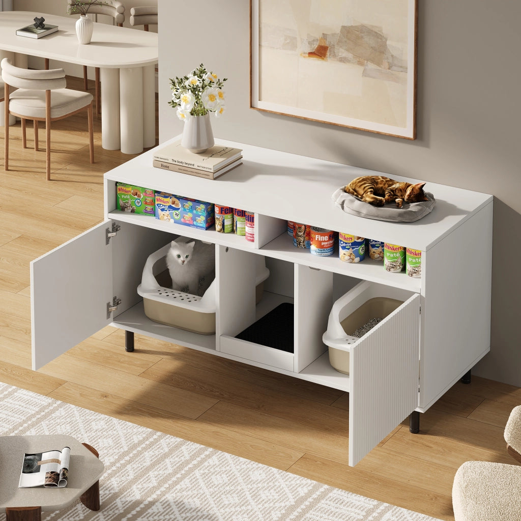 Mobile per lettiera per gatti a 2 ante con tappetino raccogli lettiera e ripiani bianco 120 × 50 × 66 cm