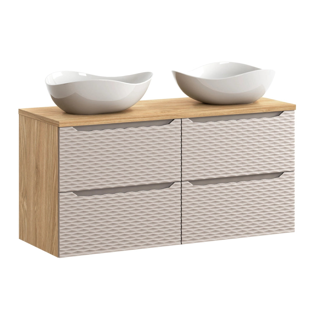 Set mobili bagno 120 cm con piano e 2 lavabi da appoggio Cloud Ocean Beige 120 x 1401 x 46 cm