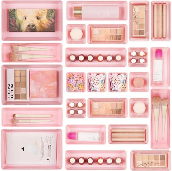 Organizzatore di 25 pezzi in rosso con 4 misure, sistema di organizzazione per il trucco, organizzatore per tavolo da toeletta, utilizzabile per il trucco, cucina, bagno, ufficio e tavolo da toeletta