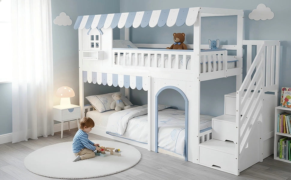Letto a castello con scalinata e contenitore in legno massello e MDF 90x200 cm