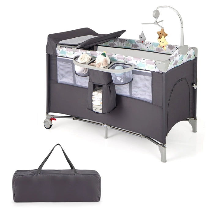 Lettino per bambini con materasso fasciatoio carillon e 3 giocattoli appesi, Box multiuso 5 in 1 Grigio scuro
