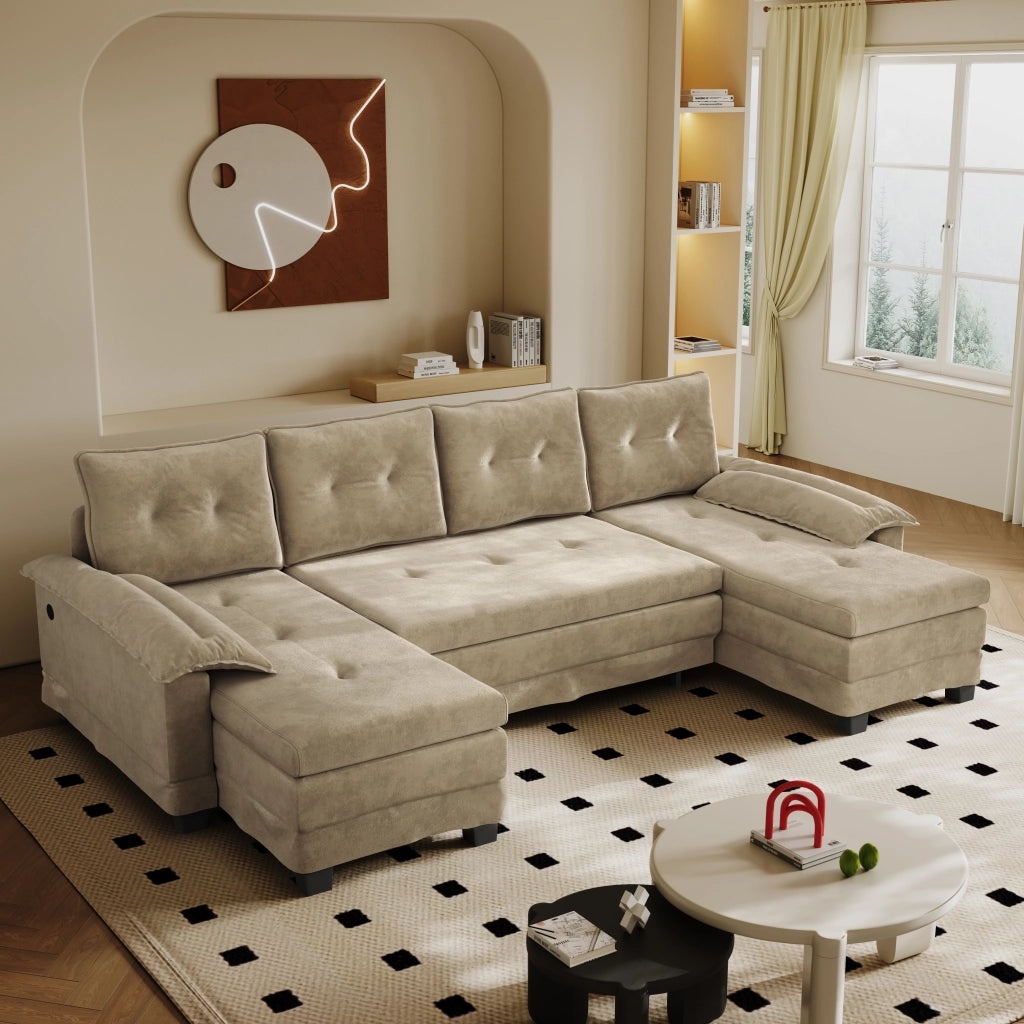 Divano panoramico a U trasformabile con letto estraibile, USB e cuscini bracciolo removibili in ciniglia kaki