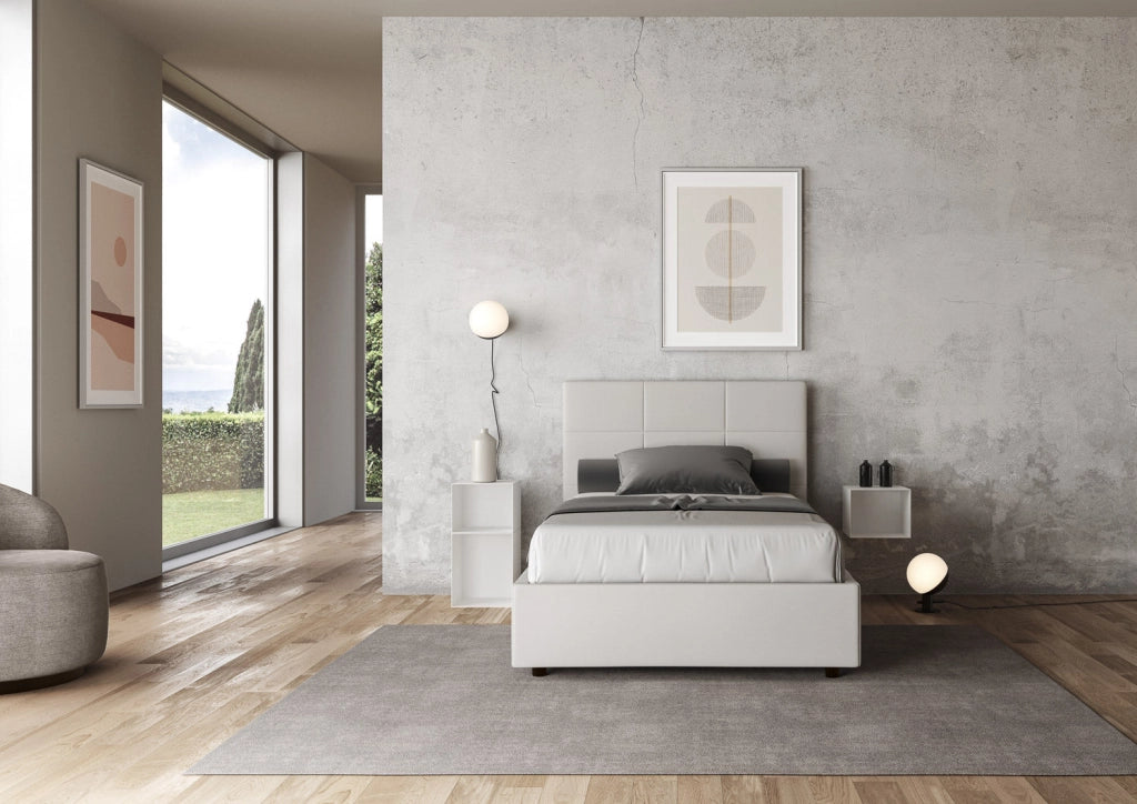 Letto Matrimoniale Francese 140x210 cm con Rete e Contenitore Mika Bianco