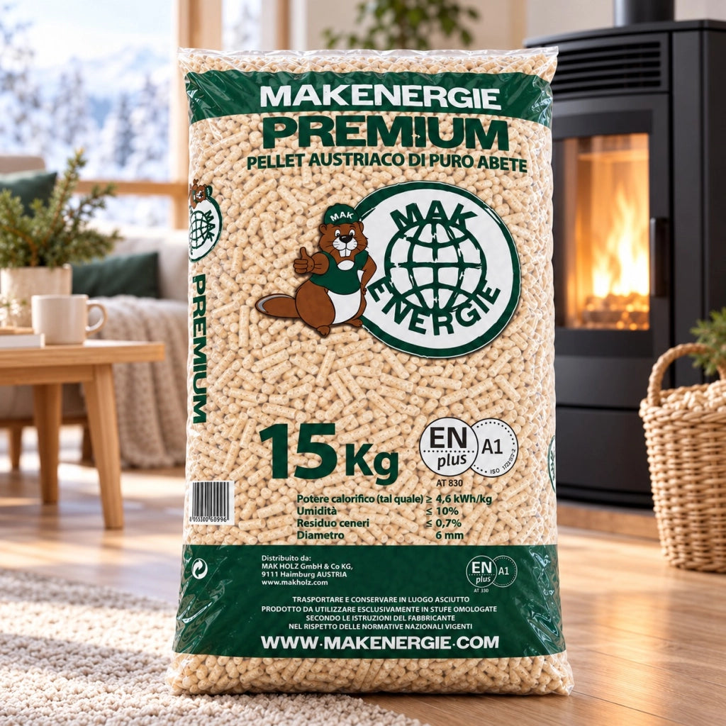 Pellet puro abete mak energie premium 100% enplus a1 sacco da 15 kg Ø 6 mm 