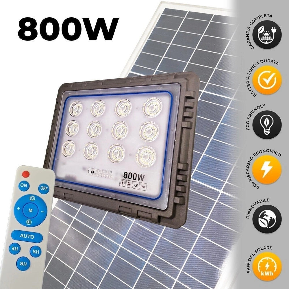 Trade Shop - Faro 800 Watt Con Pannello Solare Luce Forte Telecomando Batteria Lunga Durata -