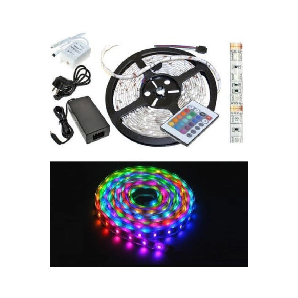 Trade Shop - Striscia A Led Smd 5050 Rgb Ip65 5 Metri Bobina Con Alimentatore E Telecomando -