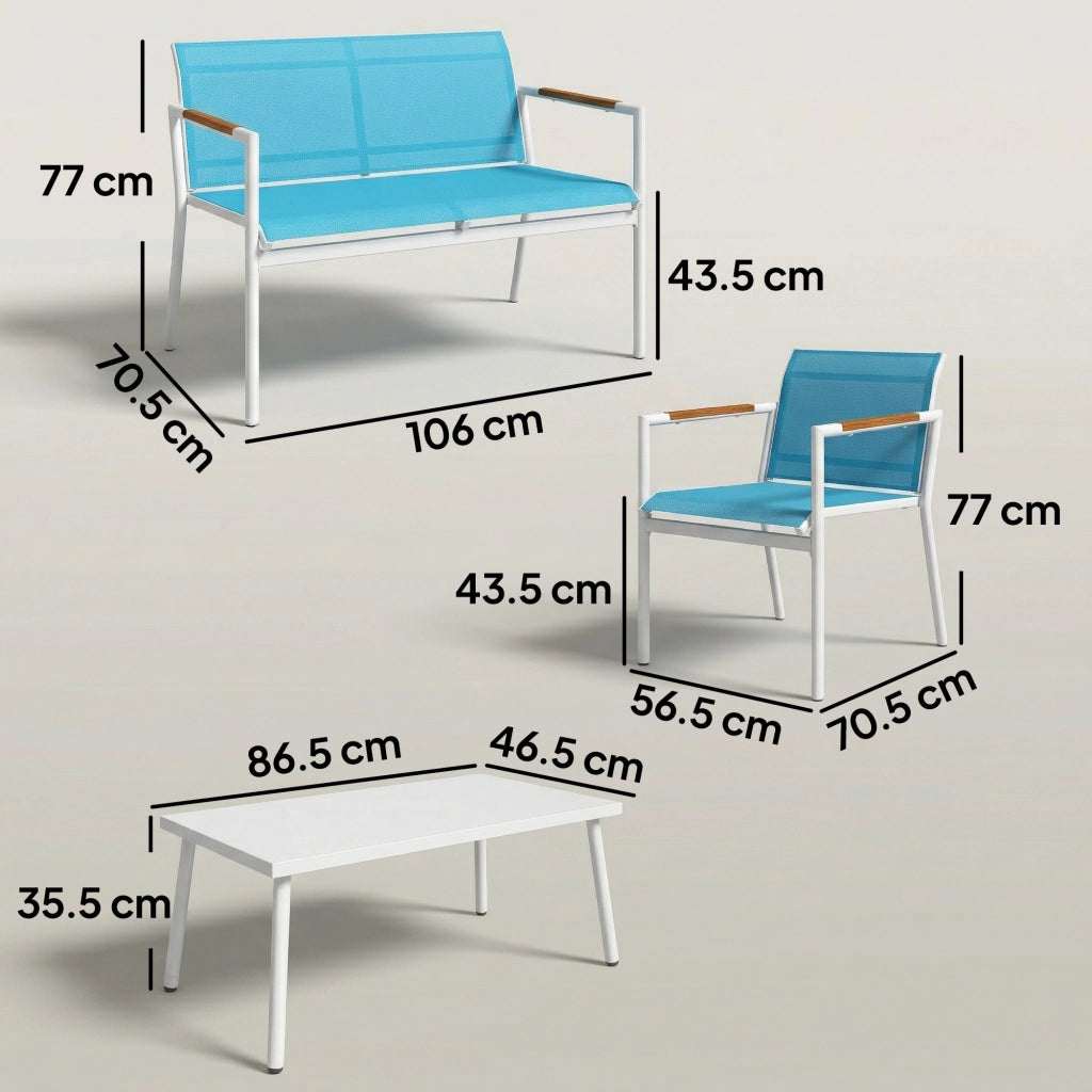 Set Giardino 4 Posti con Divano, Poltrone e Tavolo in Metallo ¨C Minimal ¨C Blu