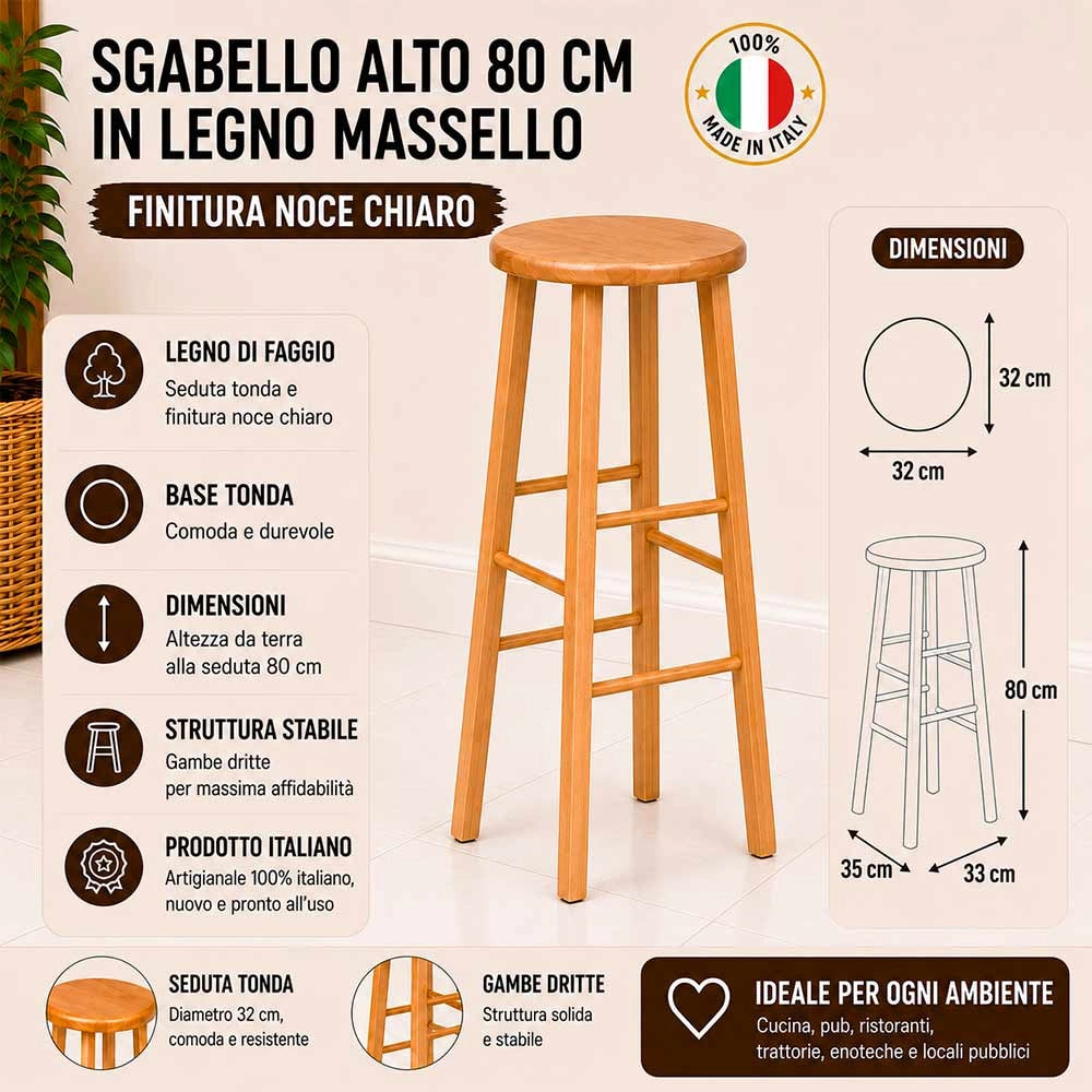 Sgabello legno con seduta rotonda h 80 cm noce chiaro gamba dritte