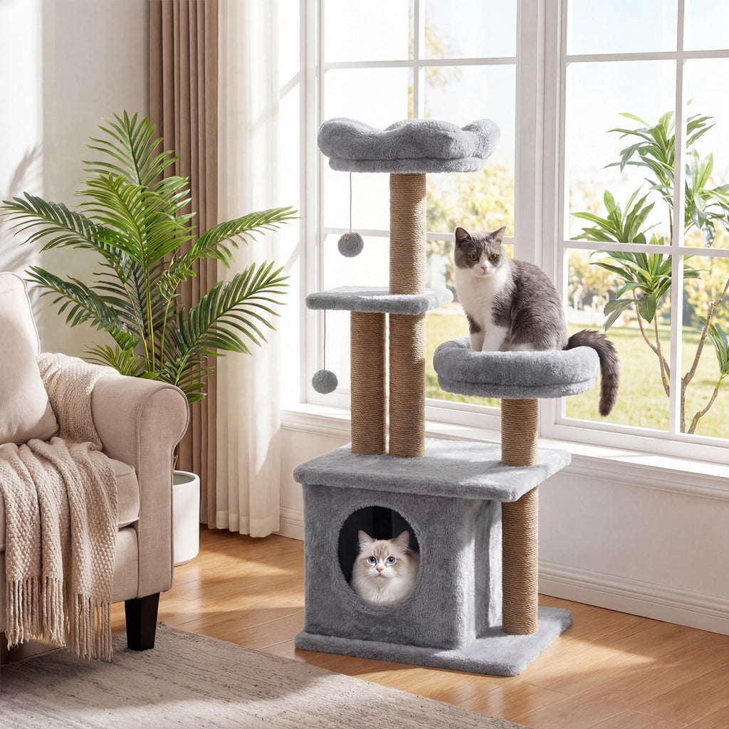 Albero per gatti torre per gatti alta 96 cm 2 palline con campanelli appese, Condo accogliente letto per gatti posti per graffiare Grigio
