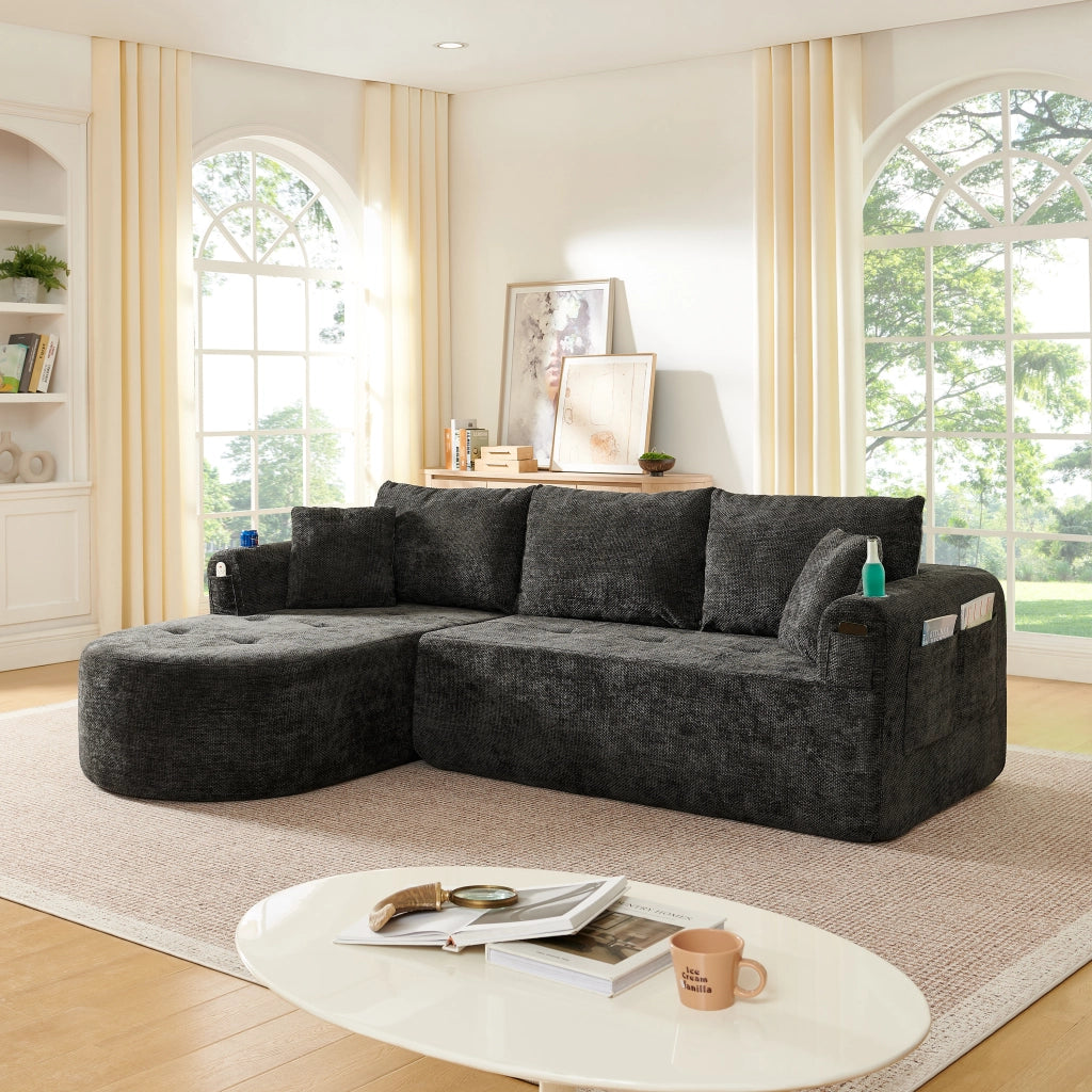 Divano Angolare L Form con Braccioli e Portabicchieri ¨C MINIMAL ¨C Tessuto Lino Beige