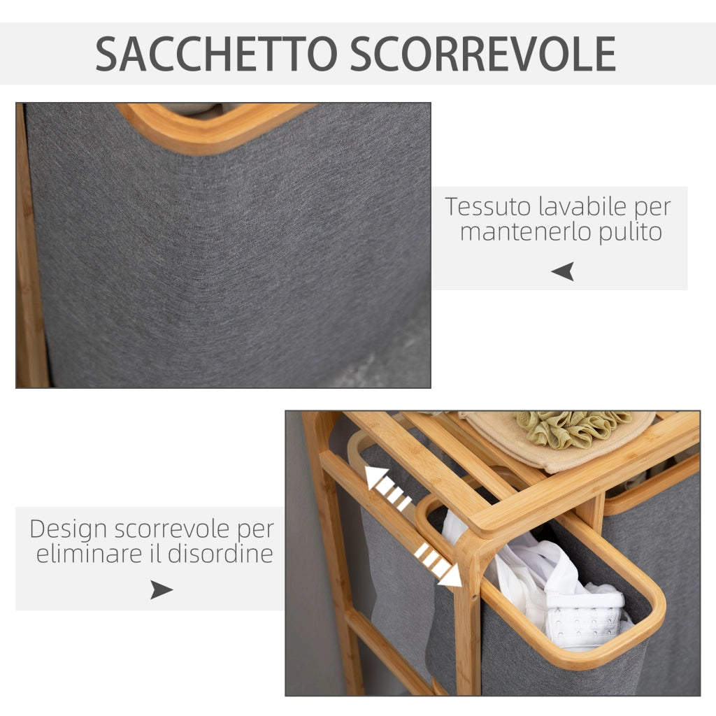EasyComfort Cesto Portabiancheria con 3 Scomparti in Tessuto e Bambù, 50x32x69.7cm