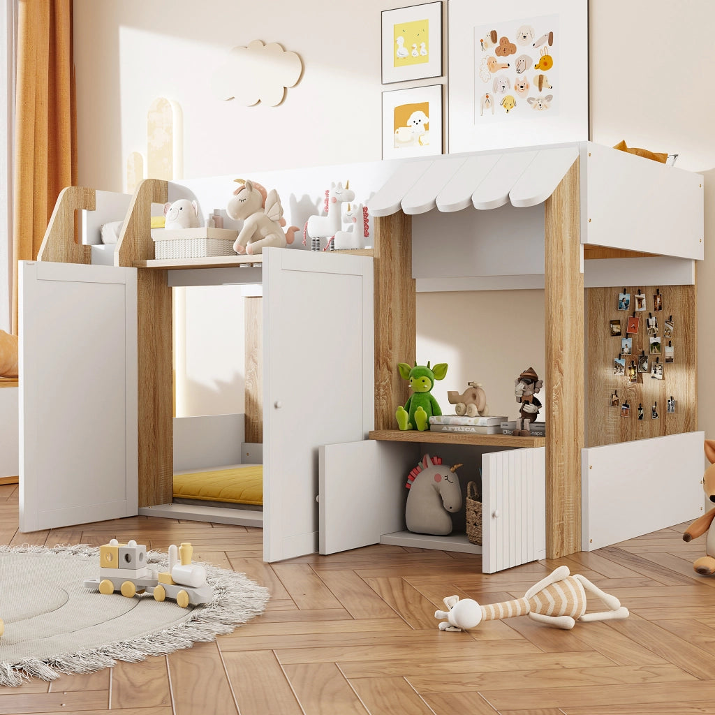 OKWISH Letto a soppalco 90×200 cm, Letto Singolo con Scala Ampia, Contenitore e Vani, senza Materasso, in Legno, Bianco Naturale