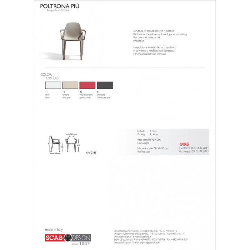 SET 4 POLTRONA PIU' CON BRACCIOLI TECNOPOLIMERO SCAB DESIGN MADE IN ITALY - Antracite 81