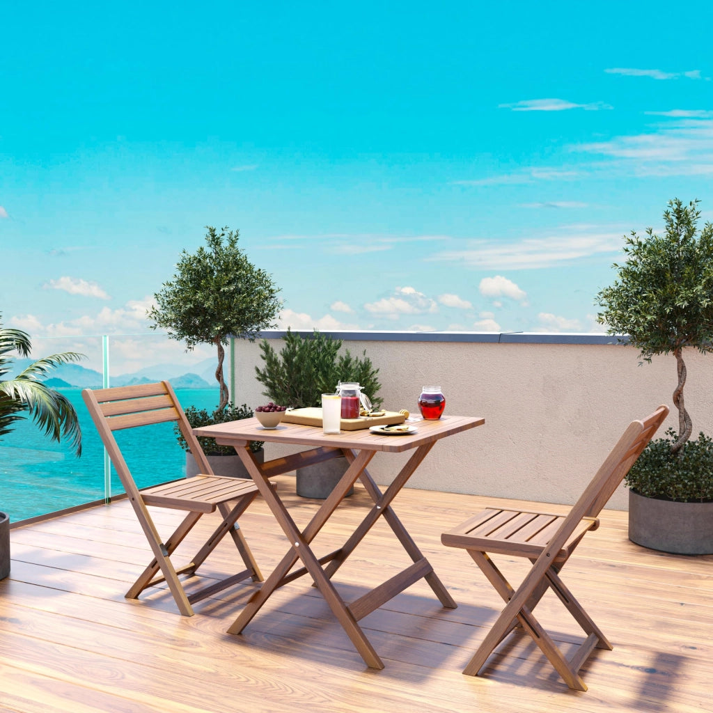 Set Tavolino E 2 Sedie Bistrot In Legno Acacia Portatile Pieghevole Facile Da Chiudere Comodo Trasporto Tavolo Quadrato Esterno Giardino Terrazza Campeggio Picnic Semplice Elegante 74 x 70 x 70 Cm
