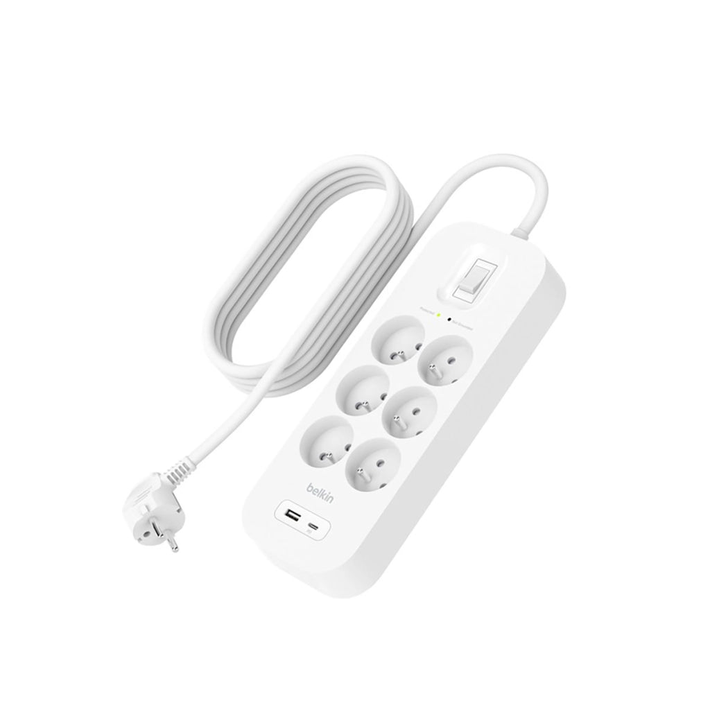 Striscia di alimentazione a 6 prese con protezione Lightning, USB e USB-C Bianco Belkin