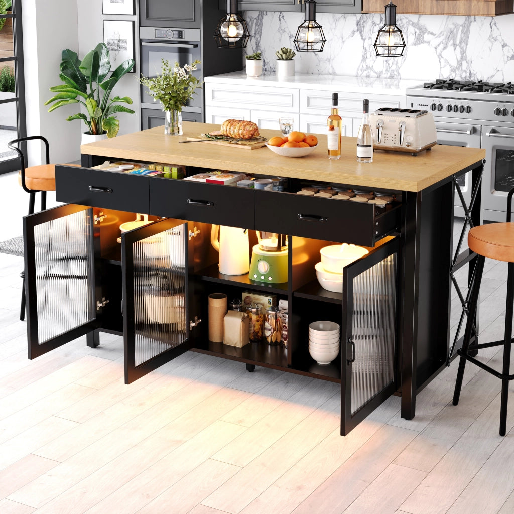 Isola da cucina con 3 cassetti e ante in vetro LED MDF nero 150 × 80 × 90 cm