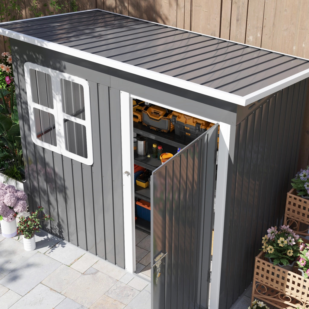 Capanno da giardino 2;55 m2; capanno da giardino con tetto a pendenza singola; 221 x 133 x 190/173 cm; capanno attrezzi con porta chiudibile a chiave; finestra; garage per biciclette; armadietto in acciaio; per giardino; giardino; grigio scuro