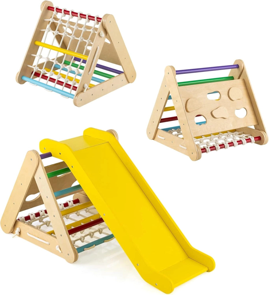Set 4 in1 Arrampicata per Bambini, Arrampicata a Triangolo con Scivolo, Set di Arrampicata in Legno per Interni e Esterni con Rete di Arrampicata, Carico 50kg, 1 Anni+ (Colorato)