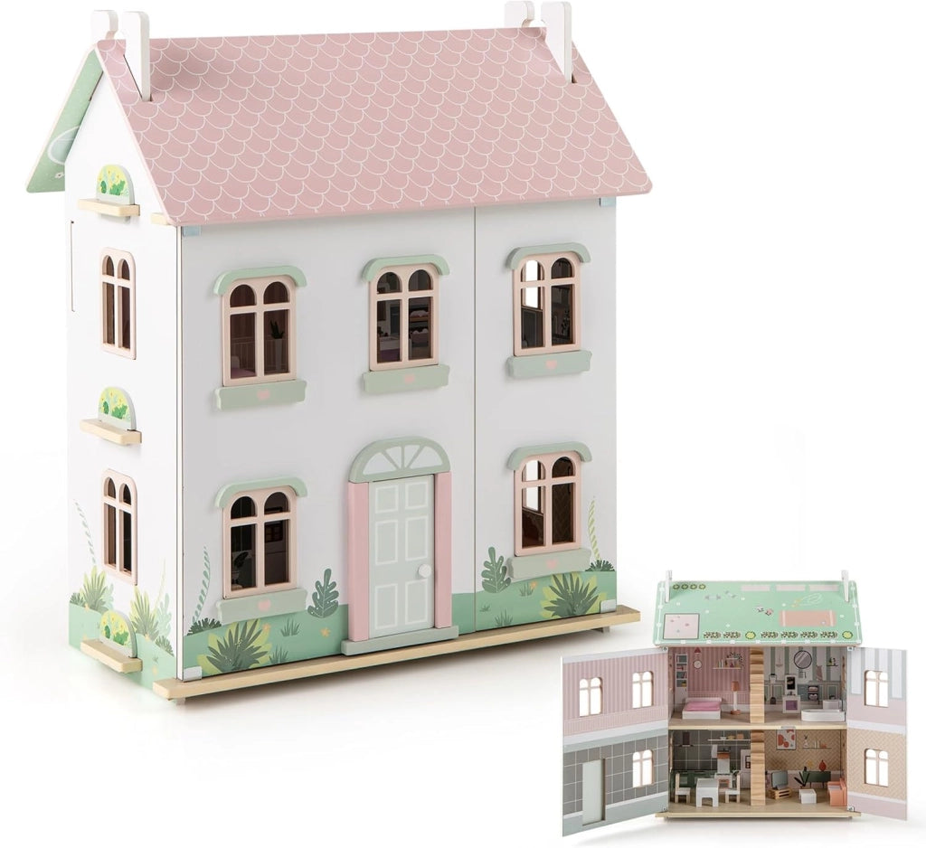 Casa delle Bambole in Legno, Casetta delle Bambole a 3 Piani con Tetti Rimovibili, Porte Apribili, Finestre Squisite 5 Stanze e 19 Accessori, Regalo per Bambini 3+ Anni