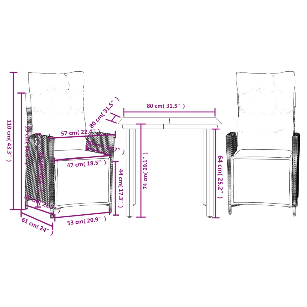 Set da Pranzo da Giardino 3pz con Cuscini in Polyrattan Marrone 3213413