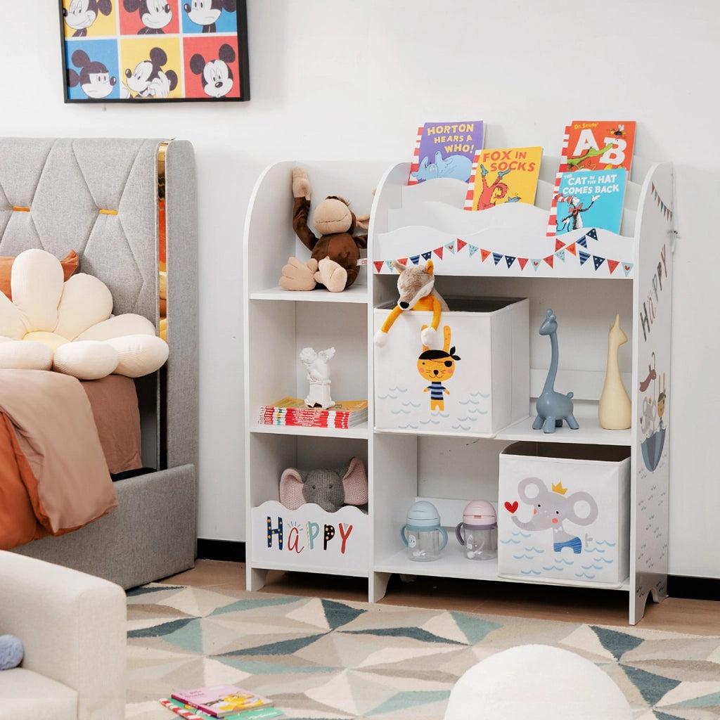 Armadio a 3 livelli con 5 scompartimenti e 2 cassetti, Organizer per bambini per giocattoli e libri Bianco
