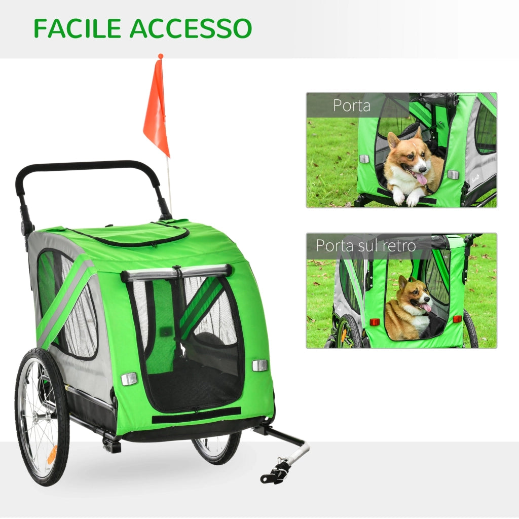 Carrellino Rimorchio per Cani e Animali Domestici da Bicicletta  in Acciaio e Tessuto Oxford Verde