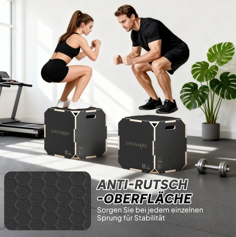 Plyo Box in compensato con angoli arrotondati, altezza regolabile, maniglie laterali, superficie antiscivolo, colore nero