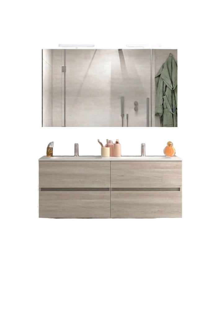 Mobile da Bagno Sospeso con Lavabo 120  cm 2 Vasche e Specchio Bali Light Double Rovere Naturale