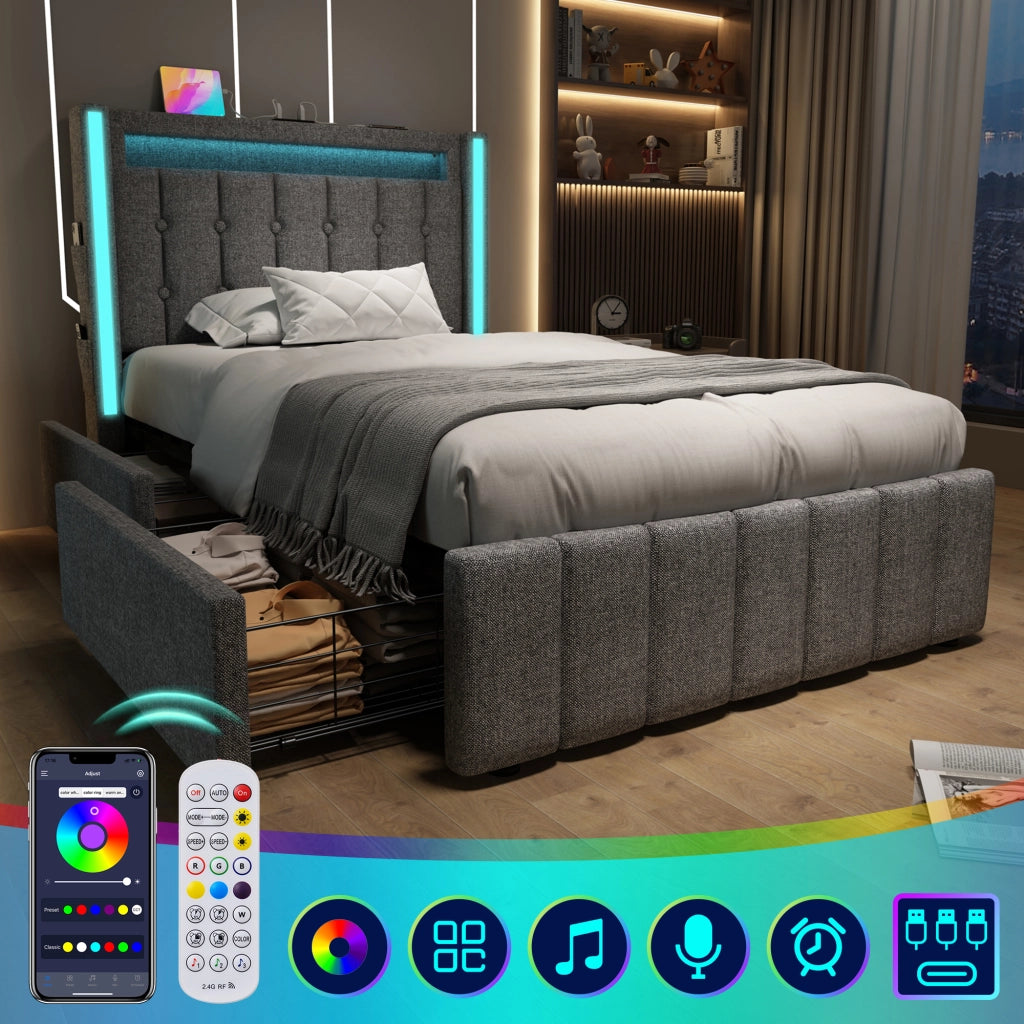 Letto singolo – 90x200 cm – USBC LED 2 cassetti – legno grigio