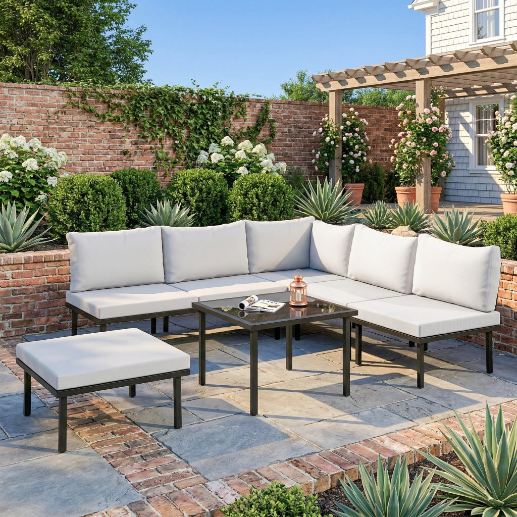 Set Divano Angolare Giardino 6 Posti con Cuscini ¨C Minimal ¨C Grigio Chiaro Metallo