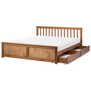 Letto matrimoniale in legno di Pino marrone con contenitore e 2 cassetti 160 x 200 cm Testiera a doghe minimalista