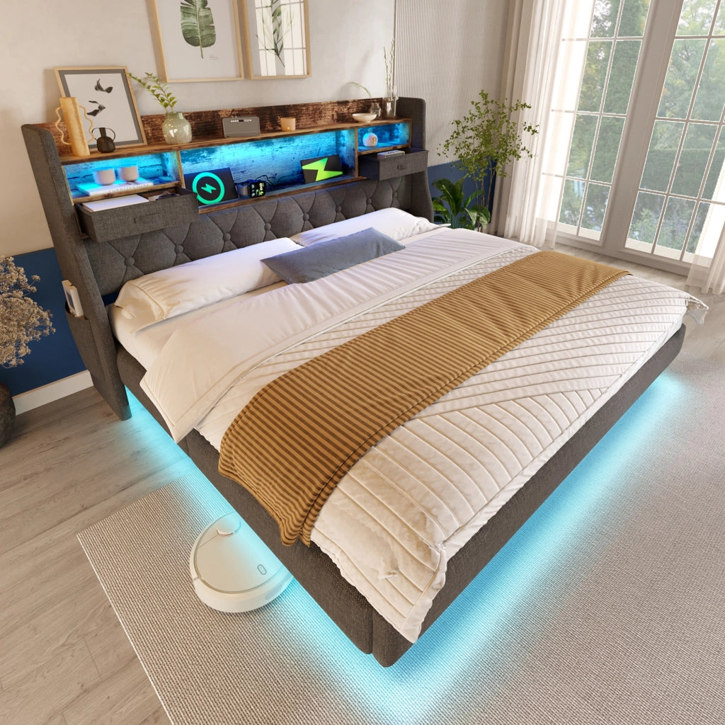 OKWISH Letto Imbottito 160×200 cm, Letto Matrimoniale con LED Regolabile, USB, Type C e Mensola Contenitore, senza Materasso, in Lino, Grigio