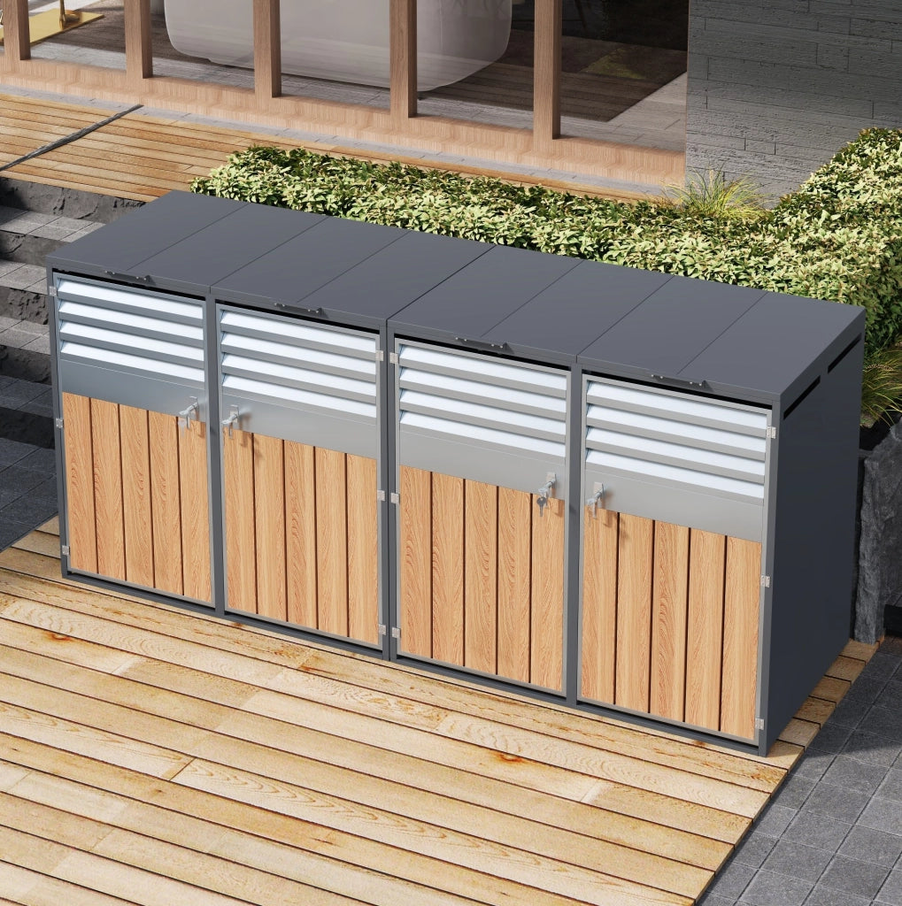 Cassa porta rifiuti esterna in acciaio zincato con 4 scomparti separati, coperchio a ribalta idraulico e serratura, effetto venatura legno e grigio