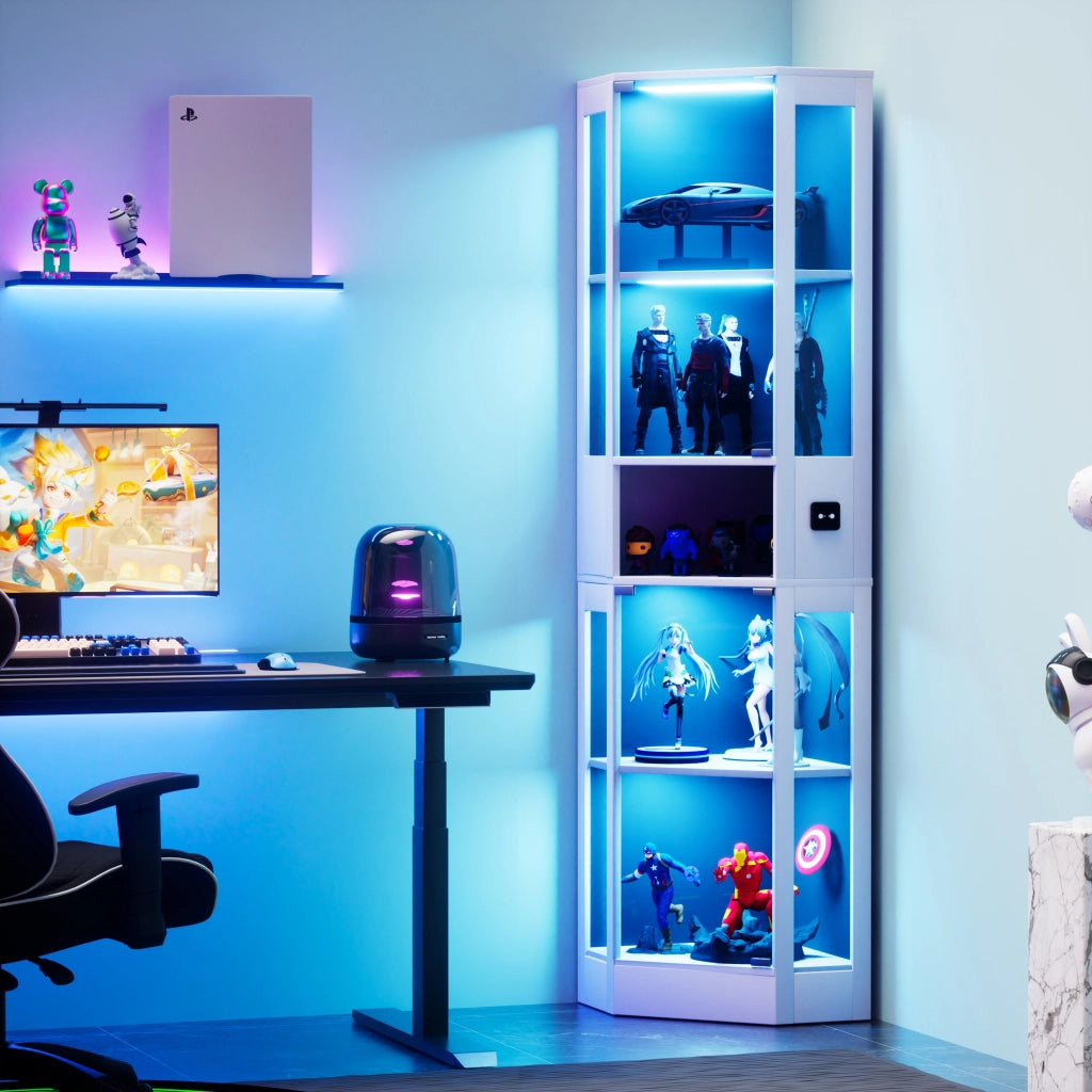 Vetrina a cinque ripiani, ante in vetro, illuminazione a LED, bianco