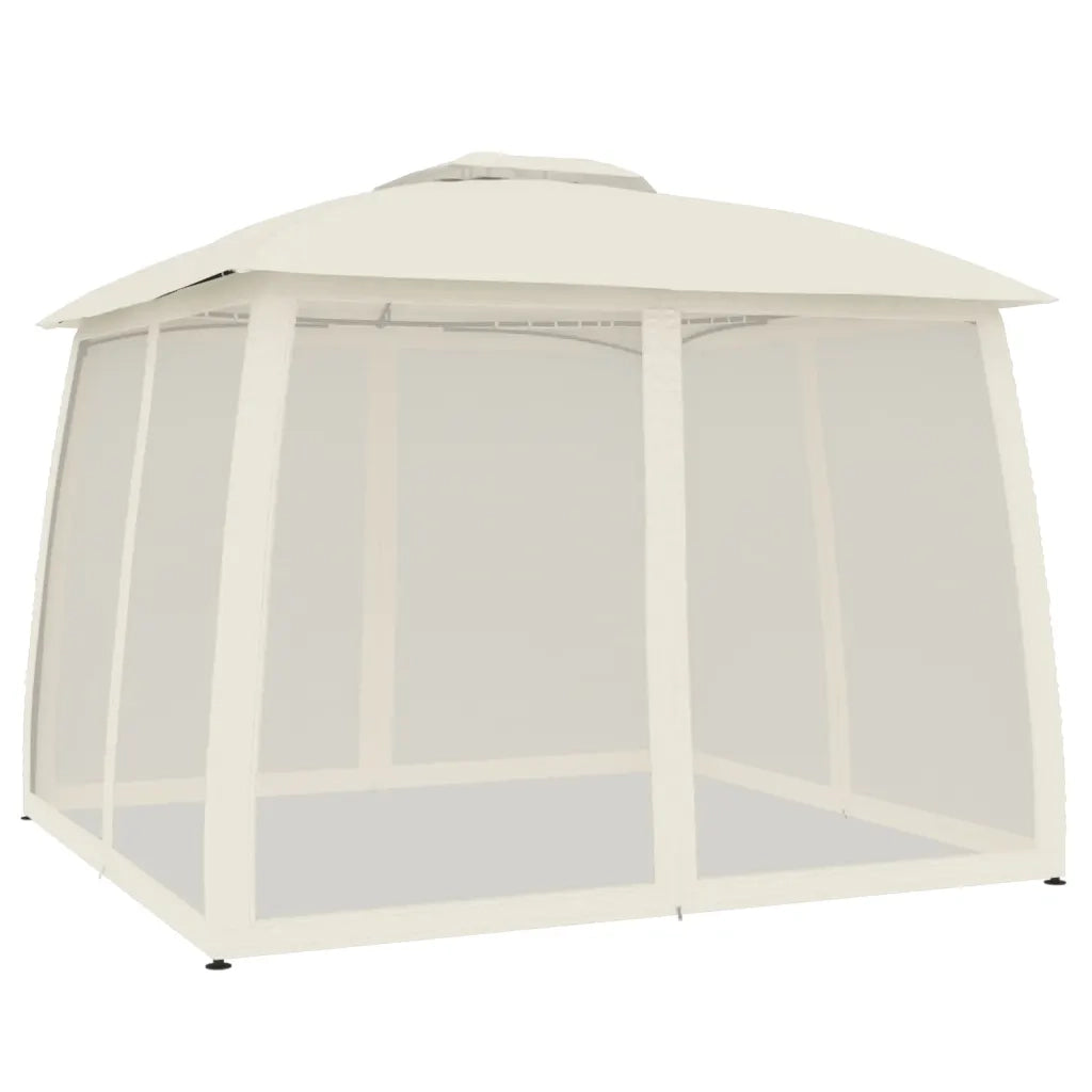 Gazebo | Pergolato con Tetto Doppio e Pareti Rete Crema 2,93x2,93 m Acciaio