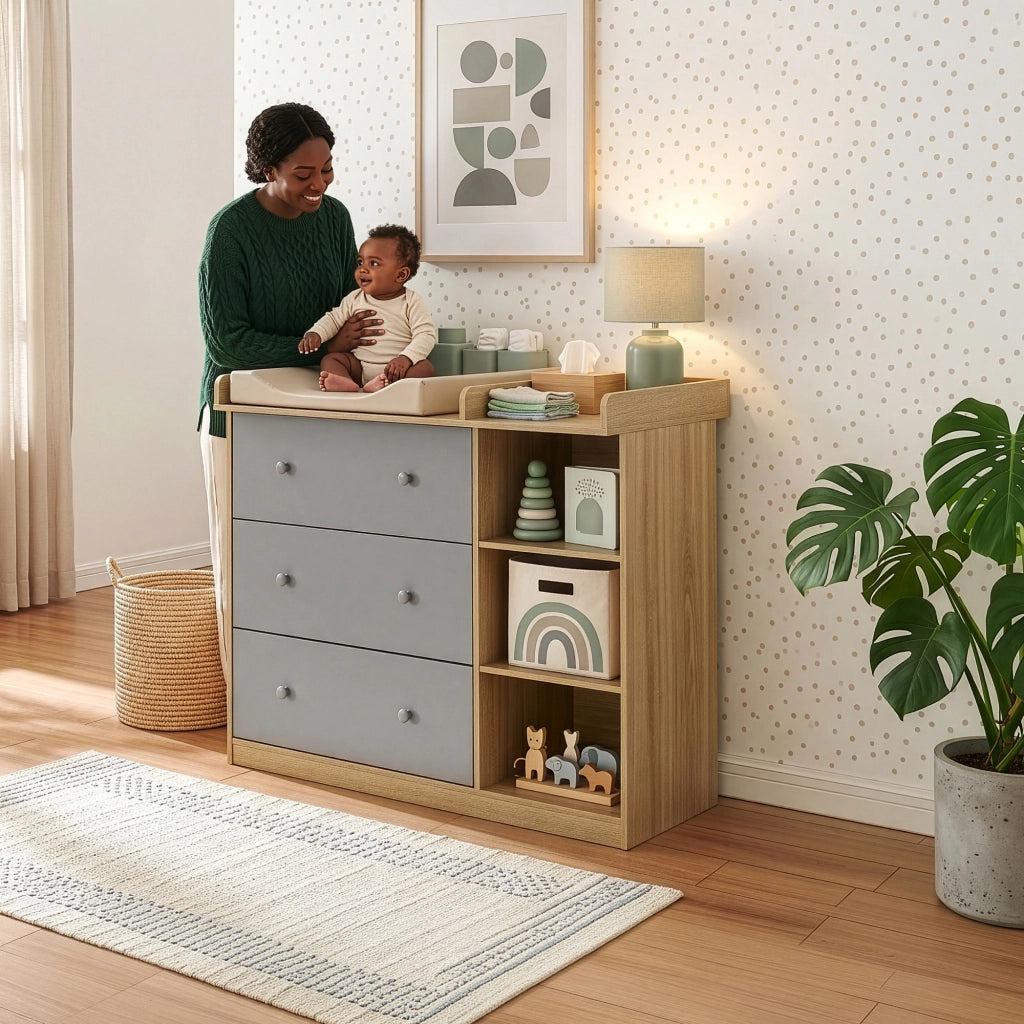 Cassettiera Beldinupp con Piano Fasciatoio Rimovibile 93 x 110 x 55 cm - Effetto Rovere / Grigio [en.casa]