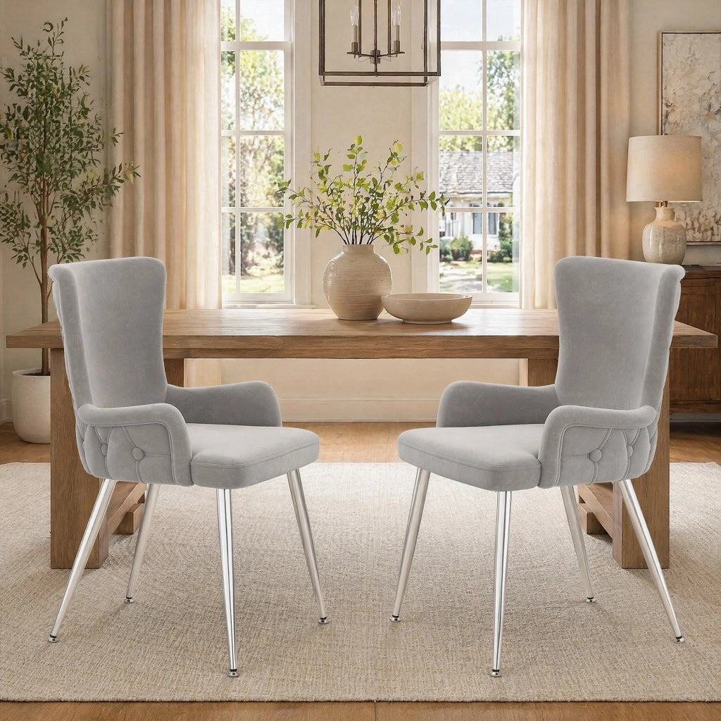 Sedia da pranzo in velluto grigio e argento, set da 2, con gambe in metallo
