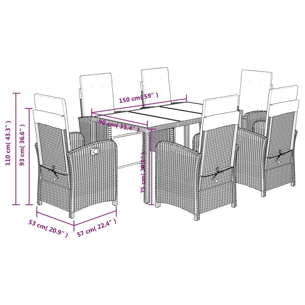 Set da Pranzo da Giardino 7 pz Nero con Cuscini in Polyrattan 3212453