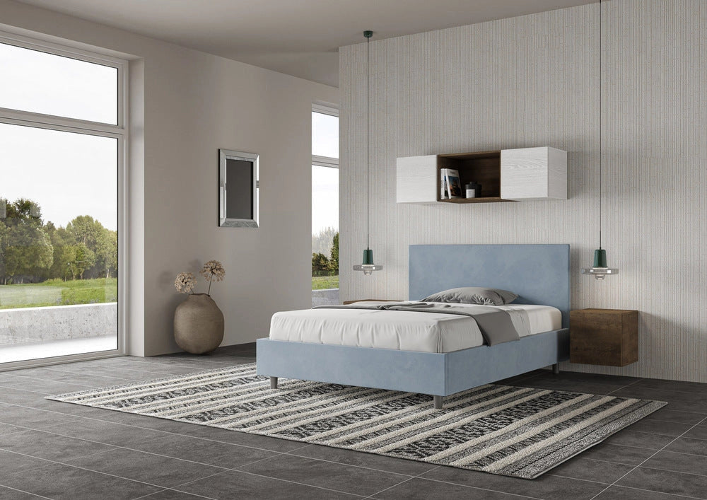 Letto Matrimoniale 160x200 cm con Rete e Contenitore Adele Azzurro
